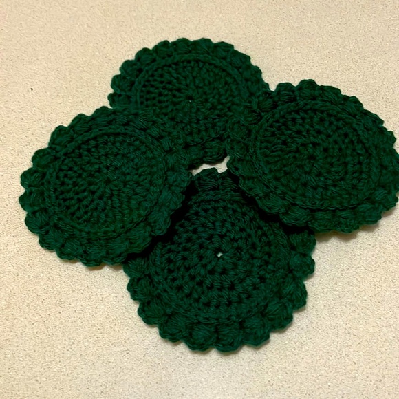 Handmade Crocheted Drink Coasters, Green, 4-pc set, 5in diameter - Picture 4 of 5
